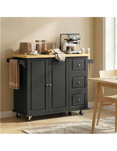 HOMCOM Kitchen Island on Wheels, Rolling Kitchen Storage Trolley with Drop Leaf, Drawers, Towel and Spice Rack, Black