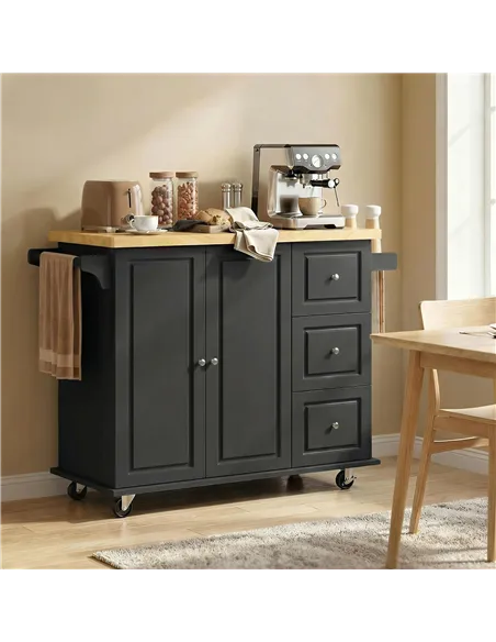 HOMCOM Kitchen Island on Wheels, Rolling Kitchen Storage Trolley with Drop Leaf, Drawers, Towel and Spice Rack, Black