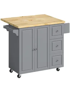 HOMCOM Kitchen Island on Wheels, Rolling Kitchen Storage Trolley with Drop Leaf, Drawers, Towel and Spice Rack, Grey