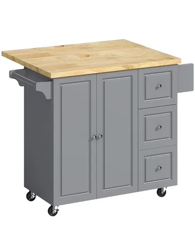 HOMCOM Kitchen Island on Wheels, Rolling Kitchen Storage Trolley with Drop Leaf, Drawers, Towel and Spice Rack, Grey
