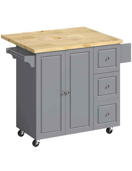 HOMCOM Kitchen Island on Wheels, Rolling Kitchen Storage Trolley with Drop Leaf, Drawers, Towel and Spice Rack, Grey
