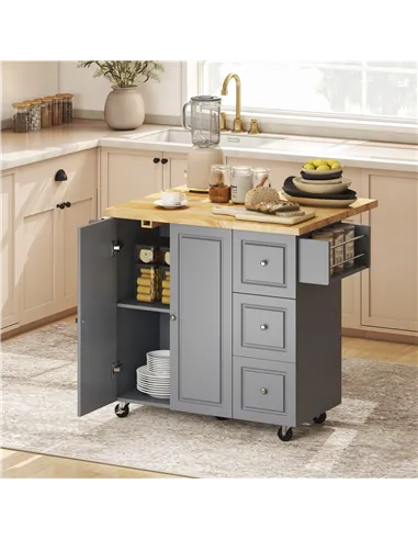 HOMCOM Kitchen Island on Wheels, Rolling Kitchen Storage Trolley with Drop Leaf, Drawers, Towel and Spice Rack, Grey