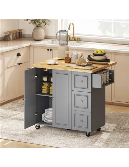 HOMCOM Kitchen Island on Wheels, Rolling Kitchen Storage Trolley with Drop Leaf, Drawers, Towel and Spice Rack, Grey