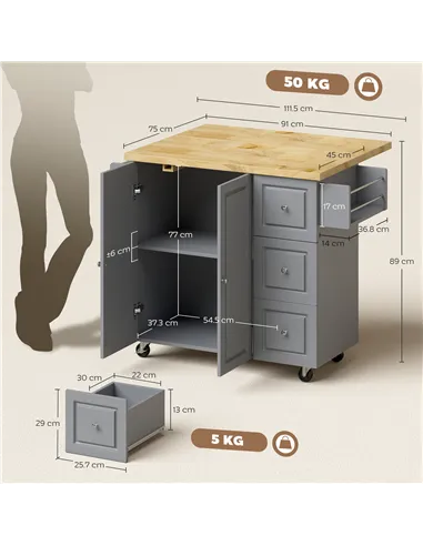 HOMCOM Kitchen Island on Wheels, Rolling Kitchen Storage Trolley with Drop Leaf, Drawers, Towel and Spice Rack, Grey