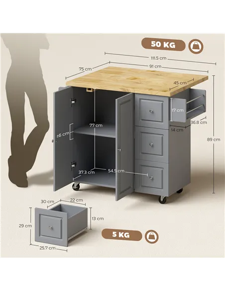 HOMCOM Kitchen Island on Wheels, Rolling Kitchen Storage Trolley with Drop Leaf, Drawers, Towel and Spice Rack, Grey