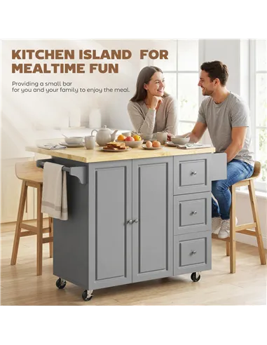 HOMCOM Kitchen Island on Wheels, Rolling Kitchen Storage Trolley with Drop Leaf, Drawers, Towel and Spice Rack, Grey