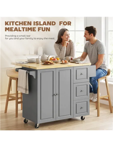 HOMCOM Kitchen Island on Wheels, Rolling Kitchen Storage Trolley with Drop Leaf, Drawers, Towel and Spice Rack, Grey
