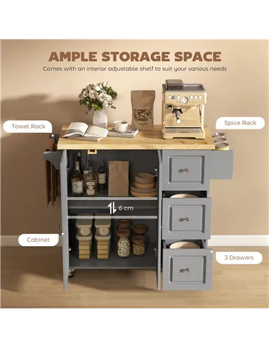 HOMCOM Kitchen Island on Wheels, Rolling Kitchen Storage Trolley with Drop Leaf, Drawers, Towel and Spice Rack, Grey