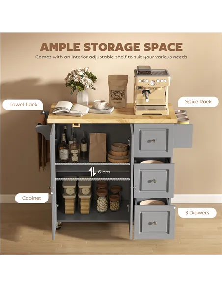 HOMCOM Kitchen Island on Wheels, Rolling Kitchen Storage Trolley with Drop Leaf, Drawers, Towel and Spice Rack, Grey