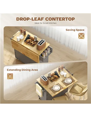 HOMCOM Kitchen Island on Wheels, Rolling Kitchen Storage Trolley with Drop Leaf, Drawers, Towel and Spice Rack, Grey