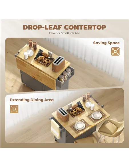 HOMCOM Kitchen Island on Wheels, Rolling Kitchen Storage Trolley with Drop Leaf, Drawers, Towel and Spice Rack, Grey