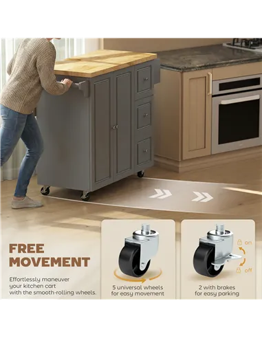 HOMCOM Kitchen Island on Wheels, Rolling Kitchen Storage Trolley with Drop Leaf, Drawers, Towel and Spice Rack, Grey