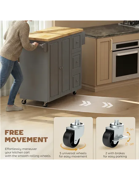 HOMCOM Kitchen Island on Wheels, Rolling Kitchen Storage Trolley with Drop Leaf, Drawers, Towel and Spice Rack, Grey