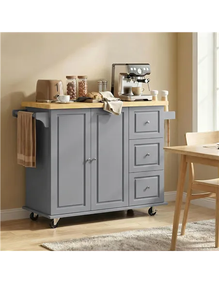 HOMCOM Kitchen Island on Wheels, Rolling Kitchen Storage Trolley with Drop Leaf, Drawers, Towel and Spice Rack, Grey