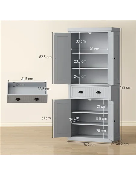 HOMCOM Multi-Storage Mid-Century Kitchen Cabinet - Grey