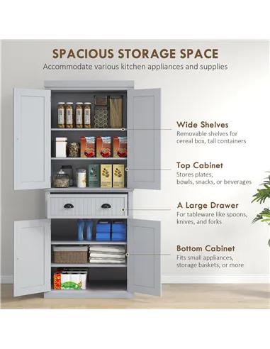 HOMCOM Multi-Storage Mid-Century Kitchen Cabinet - Grey