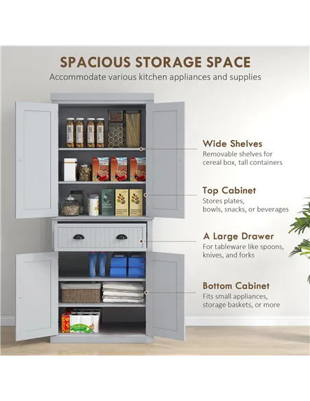 HOMCOM Multi-Storage Mid-Century Kitchen Cabinet - Grey