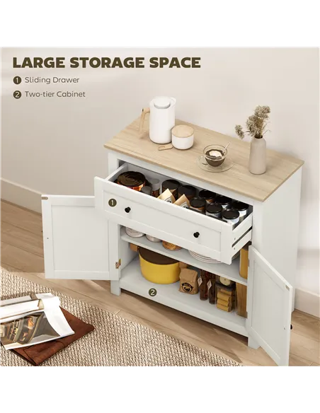 HOMCOM Sideboard Storage Cabinet, Modern Kitchen Cupboard with Adjustable Shelf, Drawer and Double Doors, Cream White