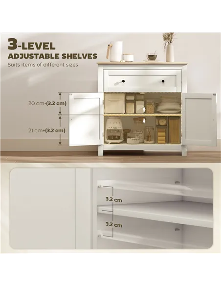 HOMCOM Sideboard Storage Cabinet, Modern Kitchen Cupboard with Adjustable Shelf, Drawer and Double Doors, Cream White