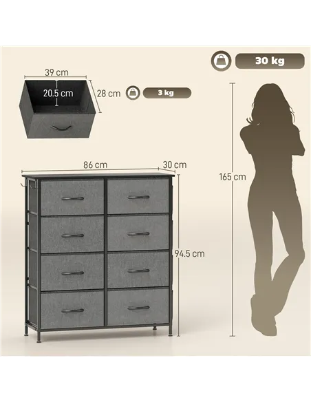 HOMCOM Chest of Eight Fabric Drawers - Charcoal Grey