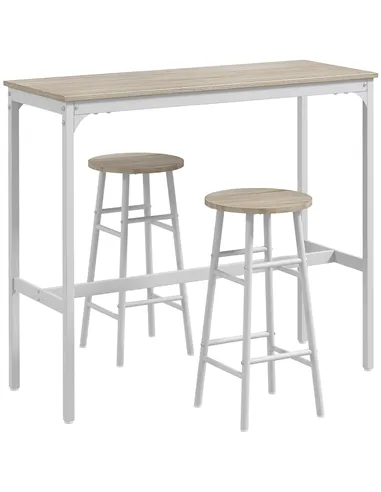 HOMCOM 3 Piece Bar Table Set with 2 Stools, Industrial Bar Table and Stool, Dining Table and Chair, Oak