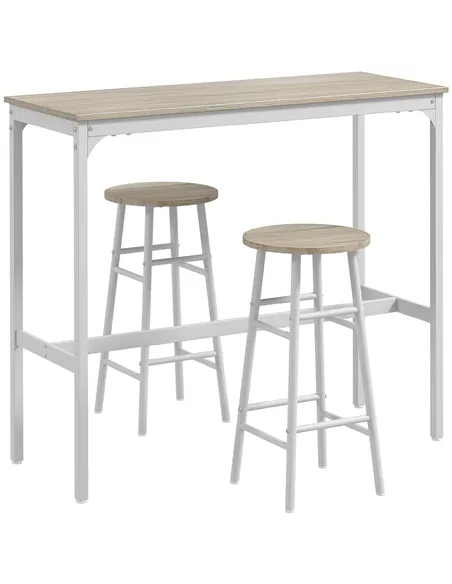 HOMCOM 3 Piece Bar Table Set with 2 Stools, Industrial Bar Table and Stool, Dining Table and Chair, Oak