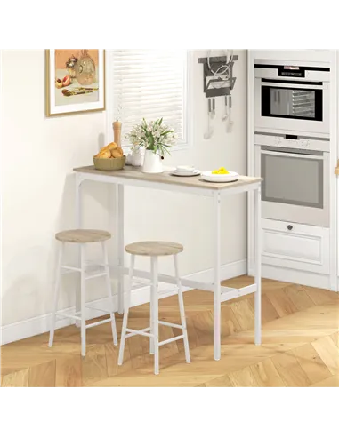 HOMCOM 3 Piece Bar Table Set with 2 Stools, Industrial Bar Table and Stool, Dining Table and Chair, Oak