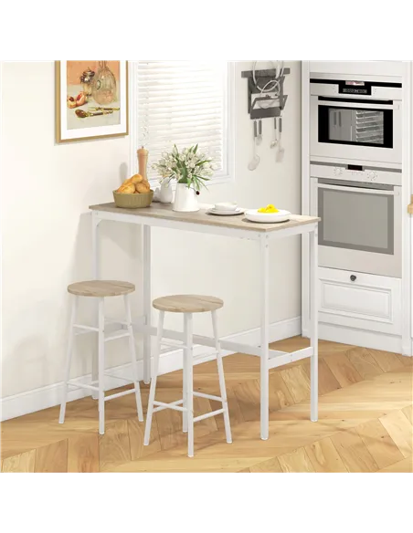 HOMCOM 3 Piece Bar Table Set with 2 Stools, Industrial Bar Table and Stool, Dining Table and Chair, Oak