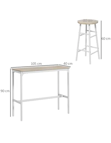 HOMCOM 3 Piece Bar Table Set with 2 Stools, Industrial Bar Table and Stool, Dining Table and Chair, Oak