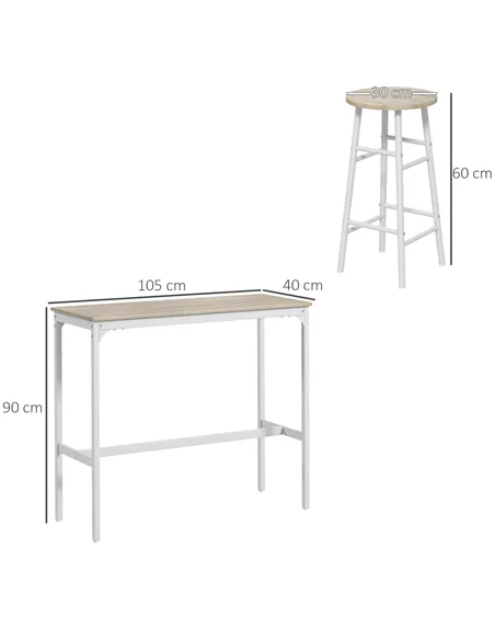 HOMCOM 3 Piece Bar Table Set with 2 Stools, Industrial Bar Table and Stool, Dining Table and Chair, Oak