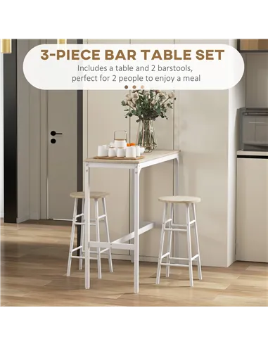 HOMCOM 3 Piece Bar Table Set with 2 Stools, Industrial Bar Table and Stool, Dining Table and Chair, Oak