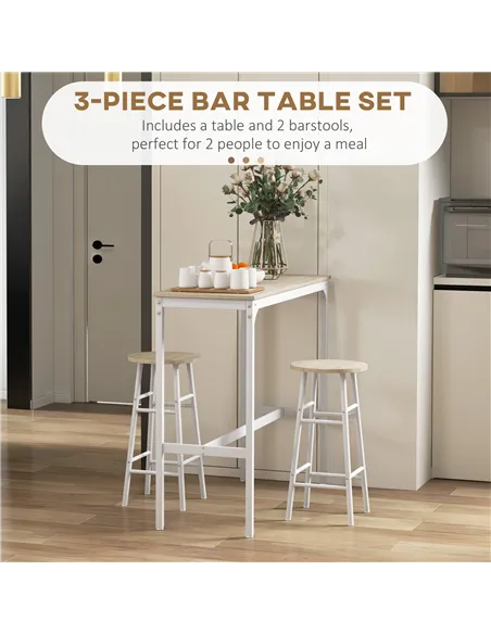 HOMCOM 3 Piece Bar Table Set with 2 Stools, Industrial Bar Table and Stool, Dining Table and Chair, Oak