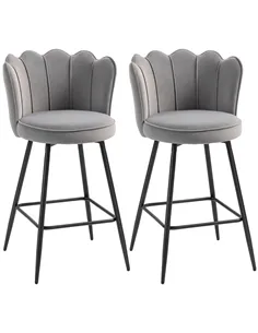 HOMCOM Set of Two Velvet-Feel Lotus Bar Stools - Grey