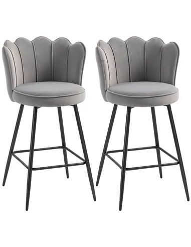 HOMCOM Set of Two Velvet-Feel Lotus Bar Stools - Grey