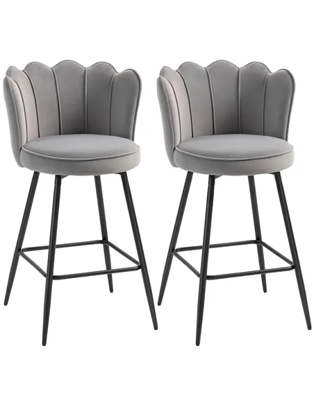 HOMCOM Set of Two Velvet-Feel Lotus Bar Stools - Grey