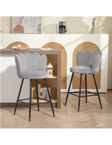 HOMCOM Set of Two Velvet-Feel Lotus Bar Stools - Grey