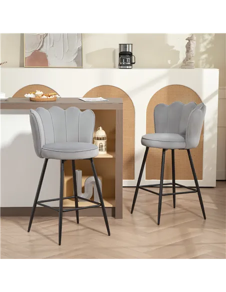 HOMCOM Set of Two Velvet-Feel Lotus Bar Stools - Grey