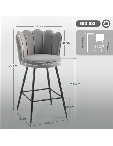 HOMCOM Set of Two Velvet-Feel Lotus Bar Stools - Grey