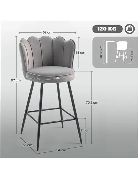 HOMCOM Set of Two Velvet-Feel Lotus Bar Stools - Grey