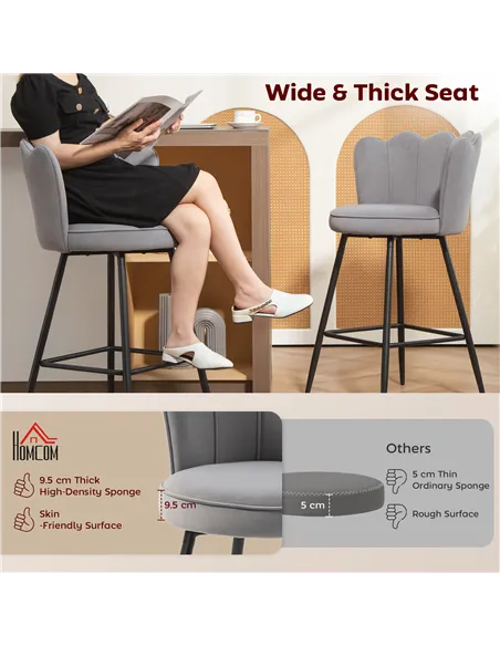 HOMCOM Set of Two Velvet-Feel Lotus Bar Stools - Grey