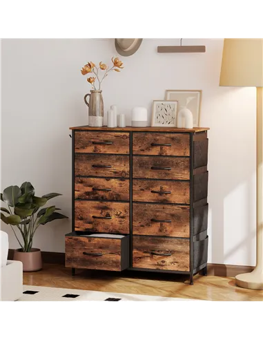 HOMCOM Chest of Ten Fabric Drawers - Rustic Brown