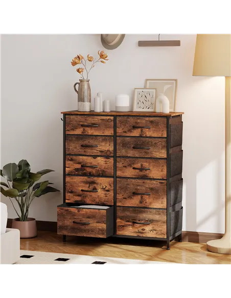 HOMCOM Chest of Ten Fabric Drawers - Rustic Brown