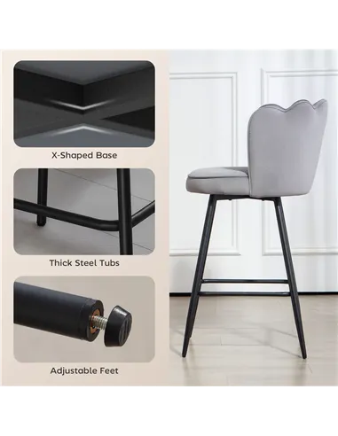 HOMCOM Set of Two Velvet-Feel Lotus Bar Stools - Grey