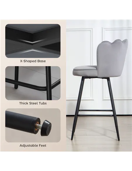 HOMCOM Set of Two Velvet-Feel Lotus Bar Stools - Grey