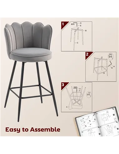 HOMCOM Set of Two Velvet-Feel Lotus Bar Stools - Grey