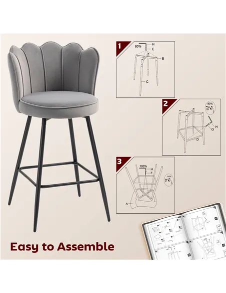 HOMCOM Set of Two Velvet-Feel Lotus Bar Stools - Grey