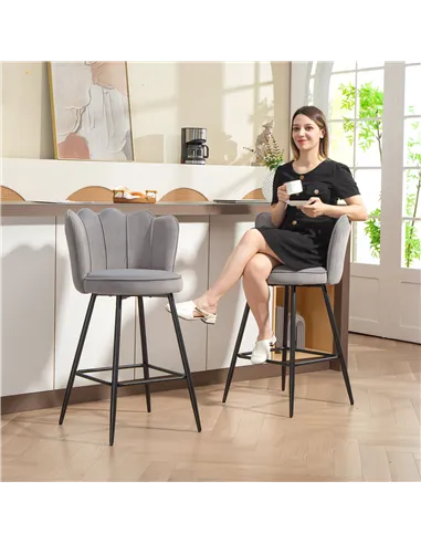 HOMCOM Set of Two Velvet-Feel Lotus Bar Stools - Grey
