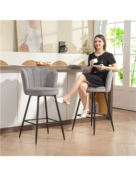 HOMCOM Set of Two Velvet-Feel Lotus Bar Stools - Grey