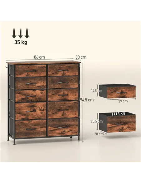 HOMCOM Chest of Ten Fabric Drawers - Rustic Brown