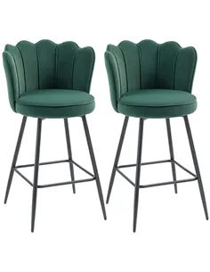 HOMCOM Set of Two Velvet-Feel Lotus Bar Stools - Dark Green